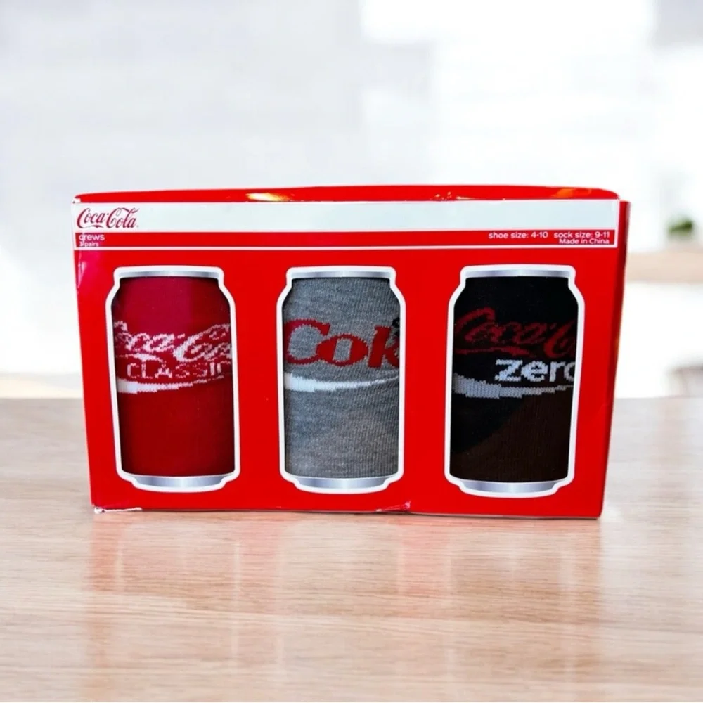 COCA COLA Crew Socks 3 Pack Gift Box Classic Diet Coke Zero NWT Size 4 -10